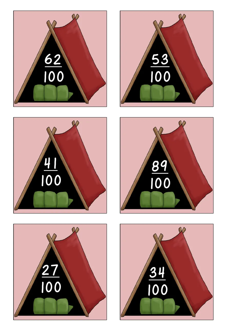 Hundredths fraction cards: six tent cards showing 62/100, 53/100, 41/100, 89/100, 27/100 and 34/100 to cut out and match