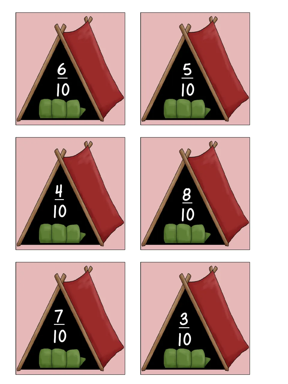 Tenths fraction cards: six tent cards showing 6/10, 5/10, 4/10, 8/10, 7/10 and 3/10 for students to cut out and match