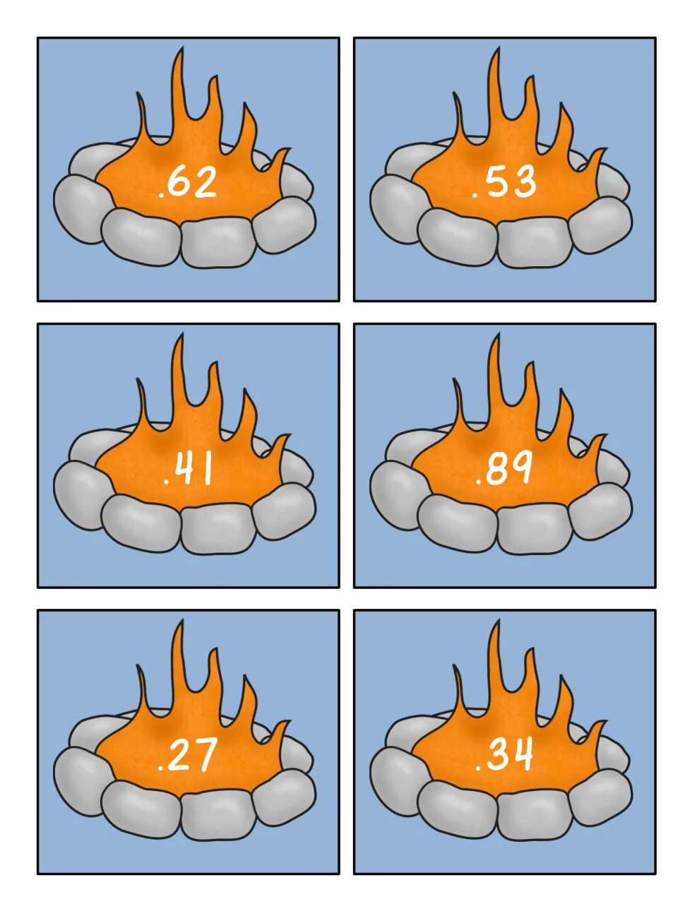 Hundredths decimal cards: six campfire cards reading .62, .53, .41, .89, .27 and .34 to pair with the matching fraction