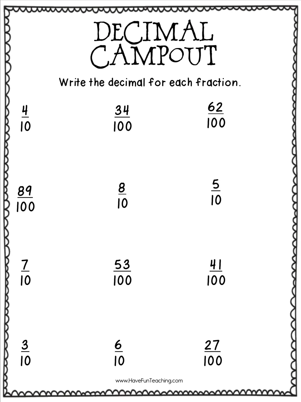 Fractions to decimals practice: students write the decimal for each of 12 tenths and hundredths fractions