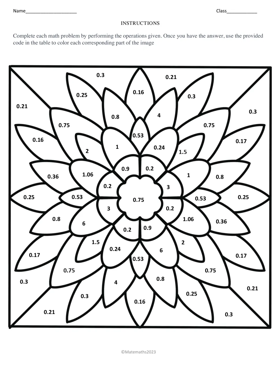 Color-by-number flower mandala: students match each decimal answer to its region and color it using the code table