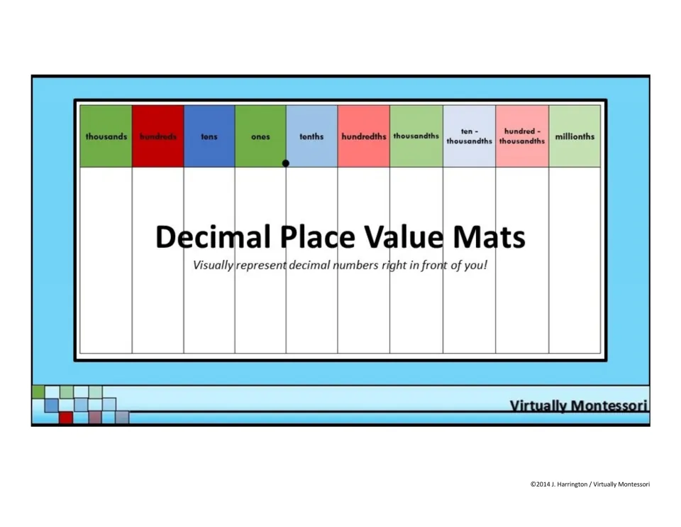 Decimal Place Value Mats cover: color-coded chart from thousands to millionths with a decimal point after ones