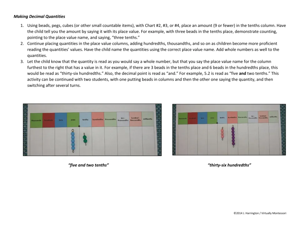 Bead activity for reading decimals aloud; photos show five and two tenths, then thirty-six hundredths, in beads