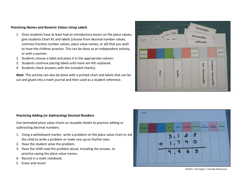 Label matching and decimal addition ideas; photos show labels placed on Chart 1 and 3.125 + 1.740 = 4.865 on a mat