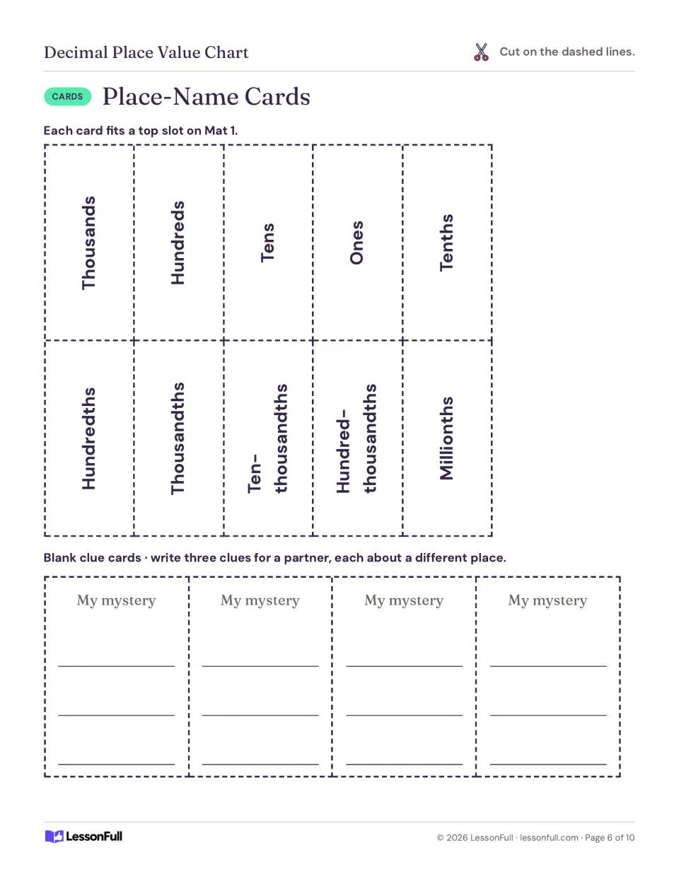 Place-name cards from Thousands to Millionths to cut out for Mat 1, plus four blank My mystery clue cards to write