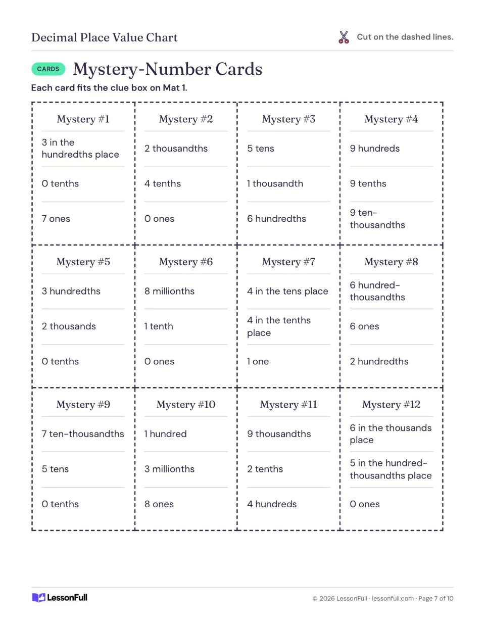 Twelve mystery-number cards, each with three place clues such as 3 in the hundredths place, to build on Mat 1