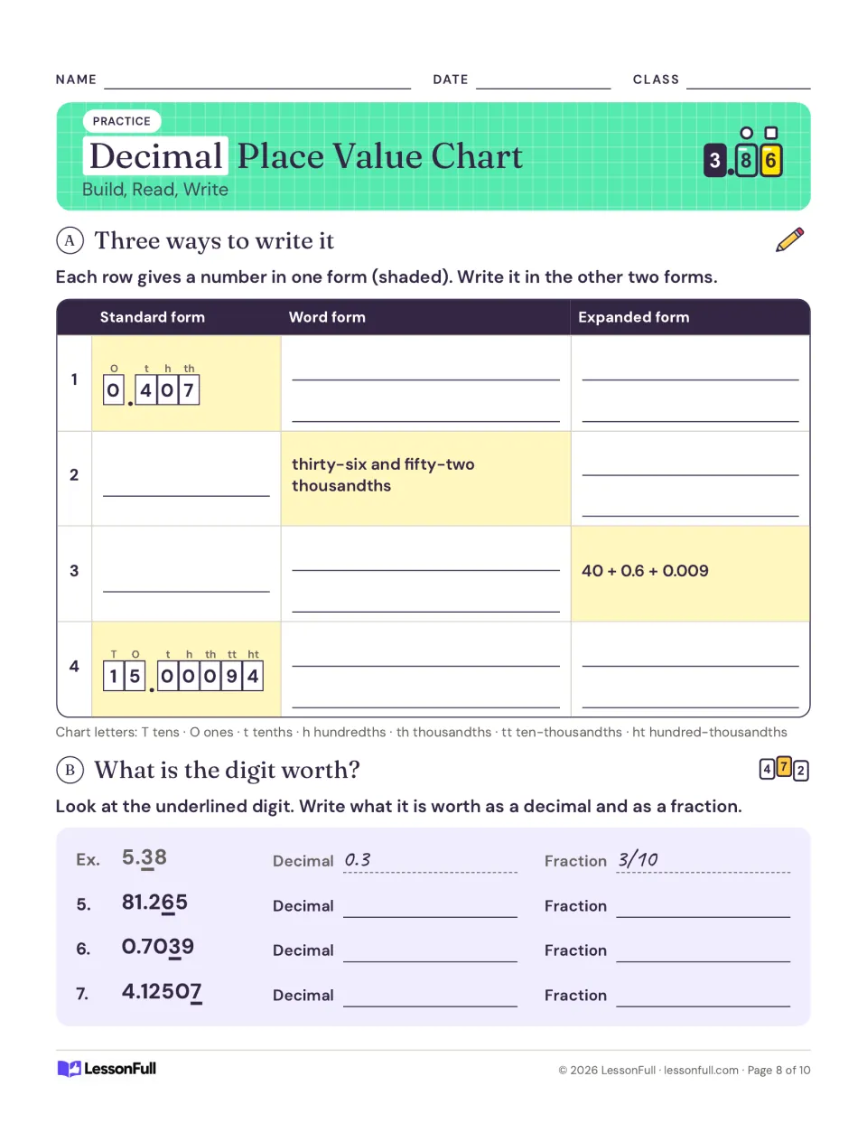 Decimal practice: write numbers in standard, word and expanded form, then give an underlined digit's worth