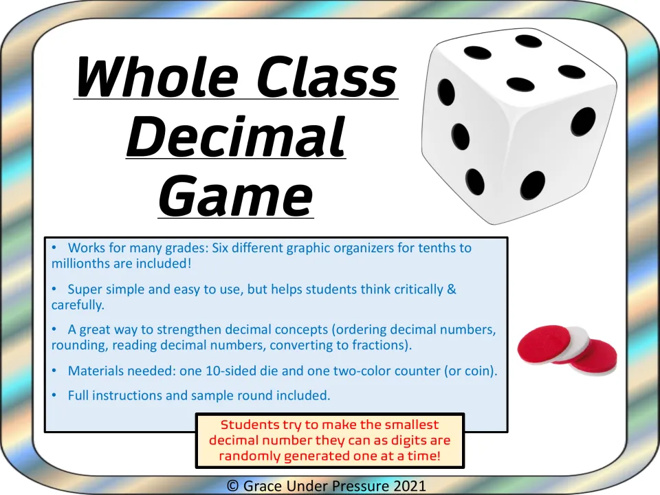 Whole Class Decimal Game cover: six place value organizers from tenths to millionths, a 10-sided die and a counter