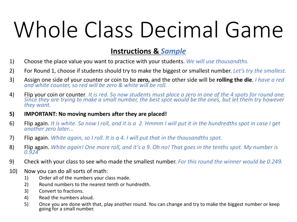 Rules with a sample thousandths round: flip for zero or roll, place each digit, and aim for the smallest decimal