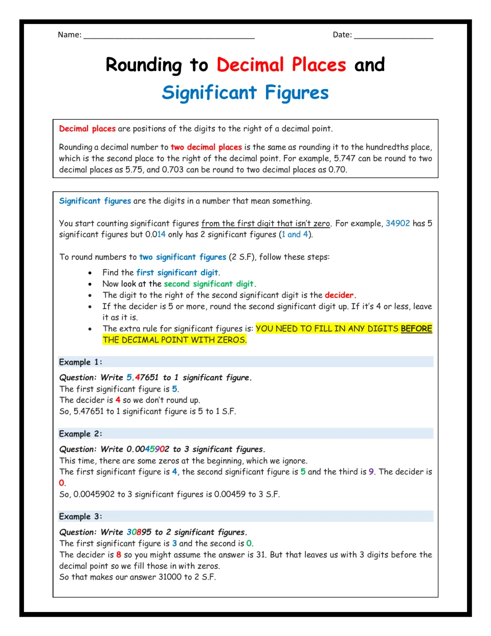 Rounding decimals and sig figs: notes define decimal places and significant figures, give steps and 3 worked examples