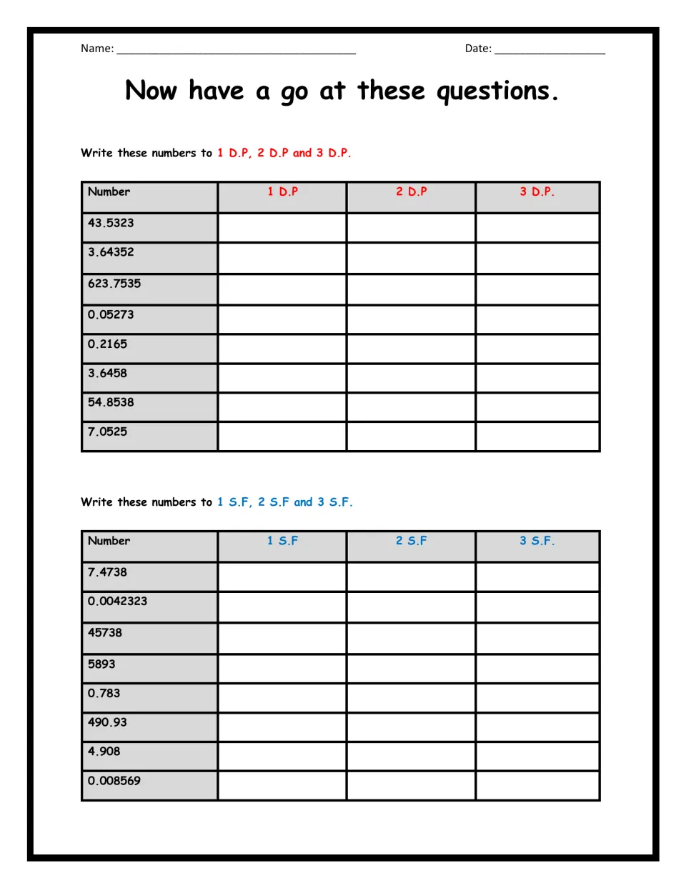 Rounding practice: students write 8 numbers to 1, 2 and 3 decimal places, then 8 more to 1, 2 and 3 significant figures