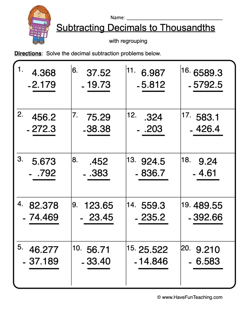 Subtracting decimals to thousandths with regrouping: students solve 20 vertical problems such as 4.368 - 2.179