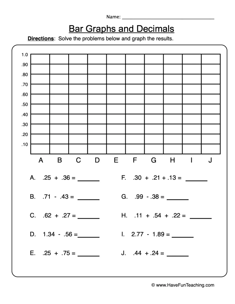 Decimal practice sheet: solve 10 addition and subtraction problems, then graph results for A–J.