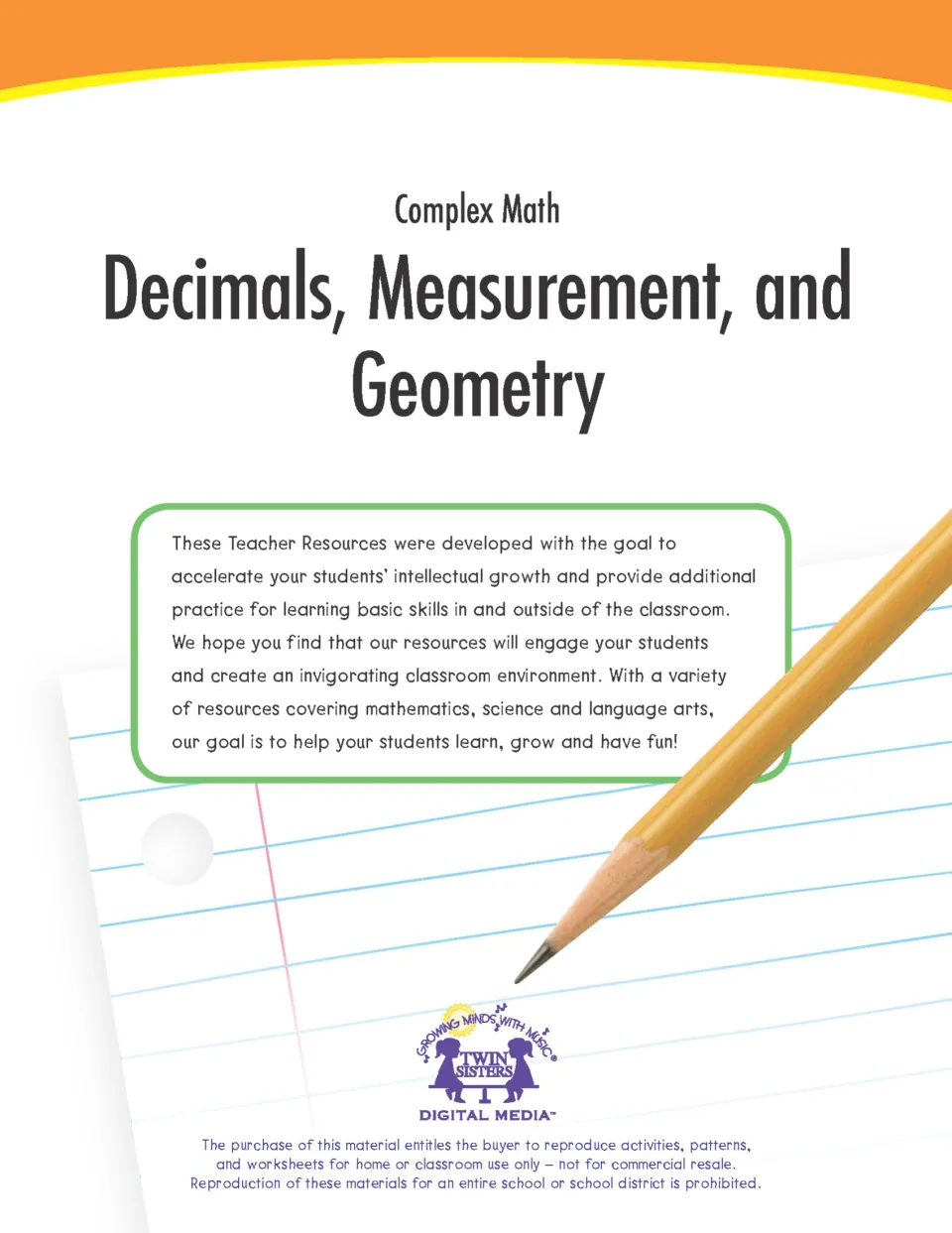 Workbook cover titled 'Decimals, Measurement, and Geometry' in the Complex Math series from Twin Sisters