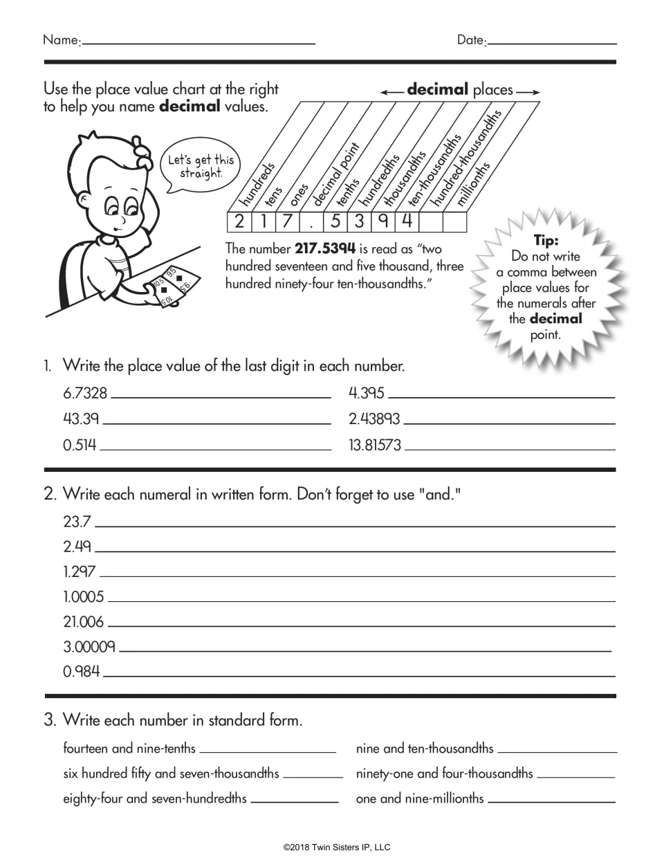 Decimal place value practice: identify final digit places and write numbers in written and standard form