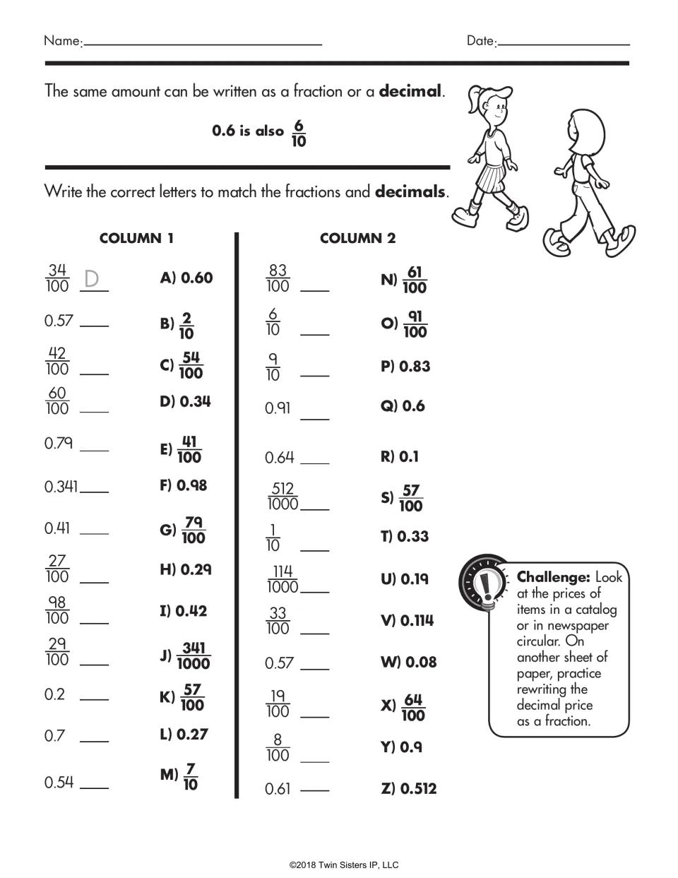 Fraction and decimal matching practice using tenths, hundredths, and thousandths, plus a price challenge