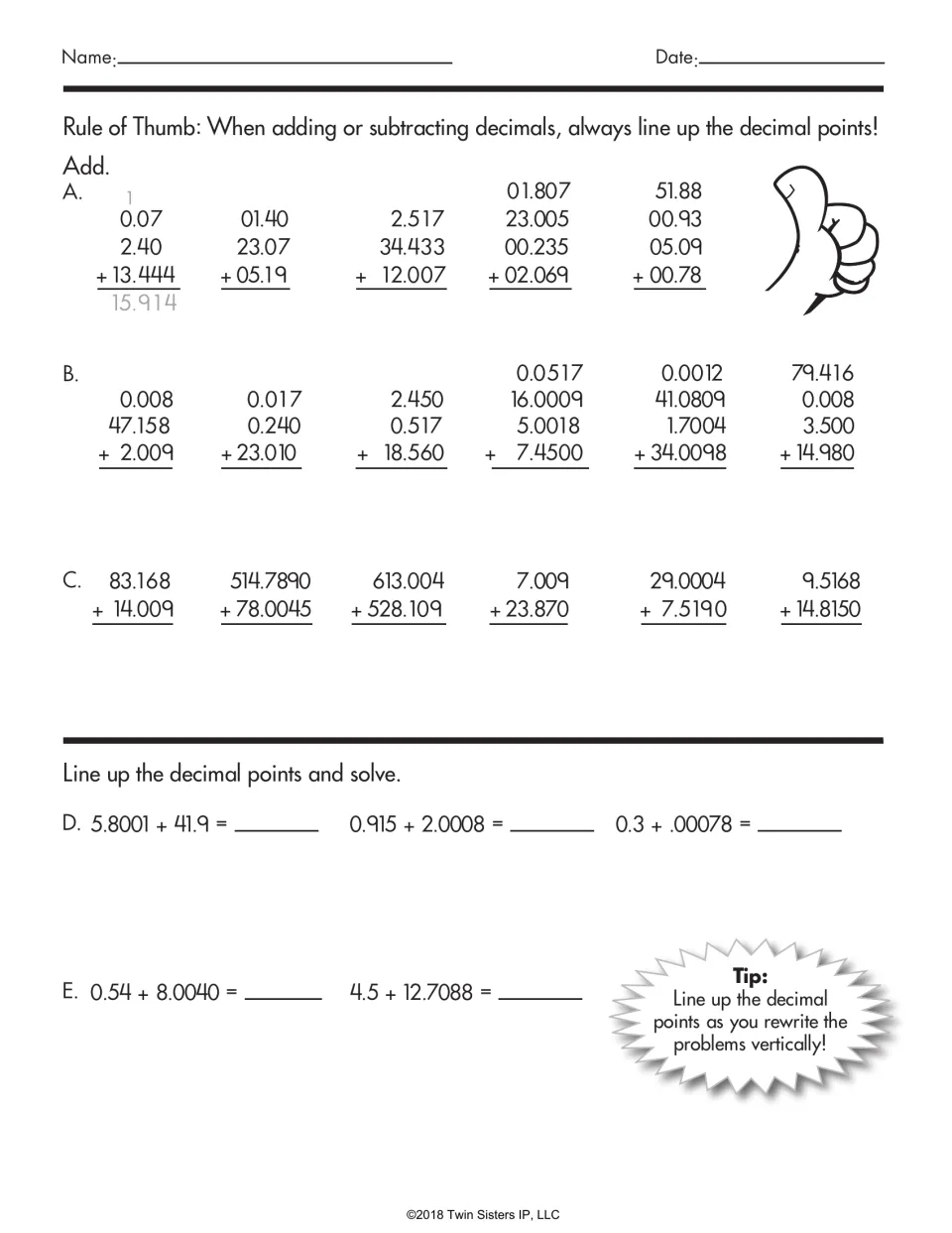 Decimal addition practice includes a worked example, sums of two to four numbers, and decimal alignment tips