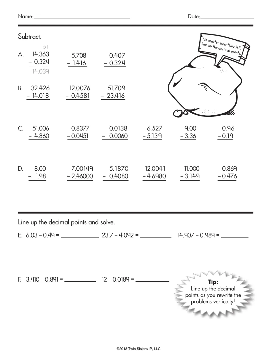 Decimal subtraction practice includes the worked example 14.363 minus 0.324 and problems to rewrite and solve