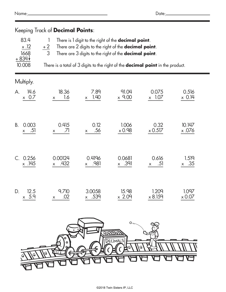 Decimal multiplication lesson models 83.4 times 0.12, followed by 24 problems tracking decimal places