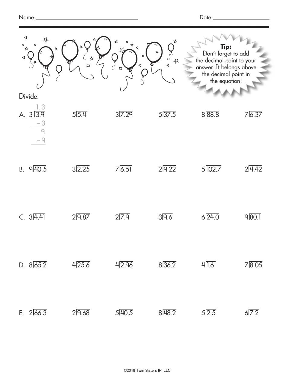Decimal division practice uses whole-number divisors, with 3.9 divided by 3 worked out and 29 more problems