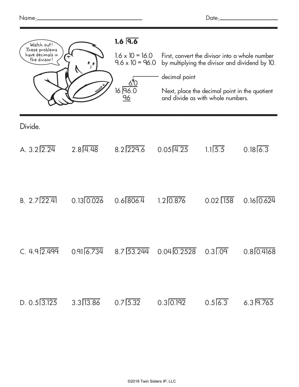 Division by decimal divisors: a worked 9.6 divided by 1.6 example explains scaling before 24 practice problems