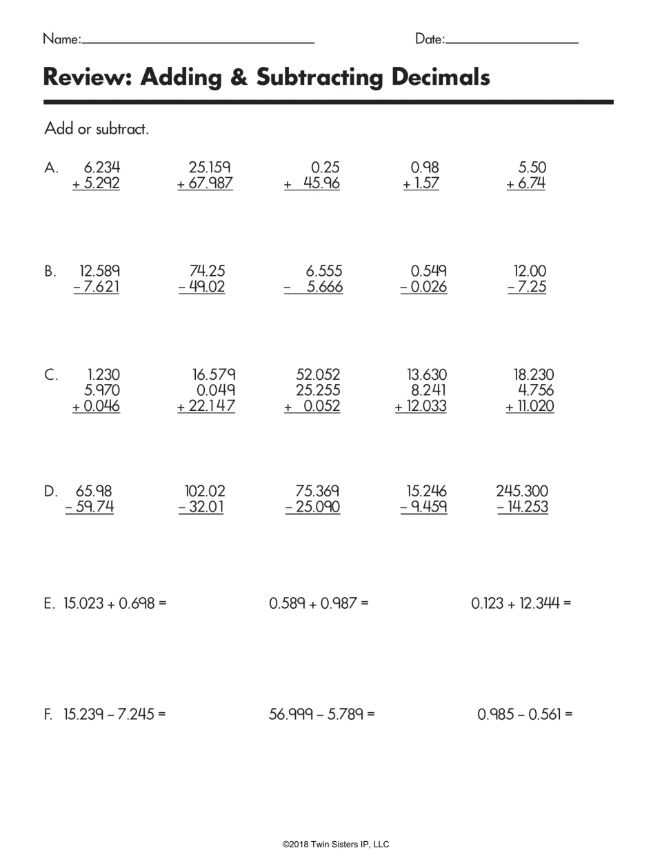 Decimal addition and subtraction review includes 26 problems, starting with 6.234 plus 5.292 and 25.159 plus 67.987