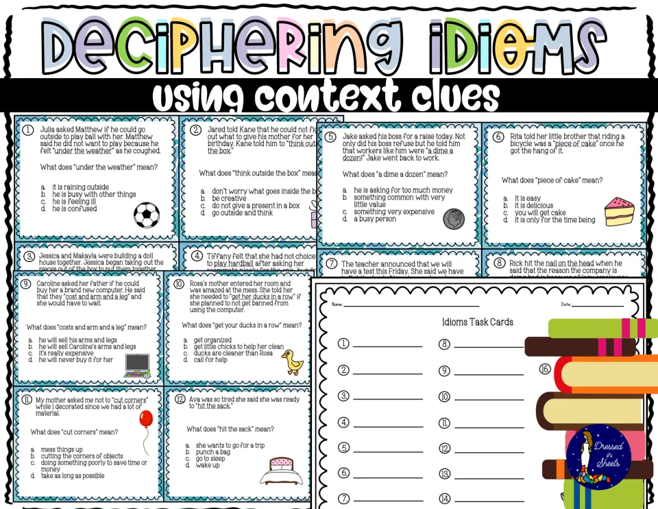 Deciphering Idioms Using Context Clues cover showing idiom task cards 1-16 and an Idioms Task Cards recording sheet
