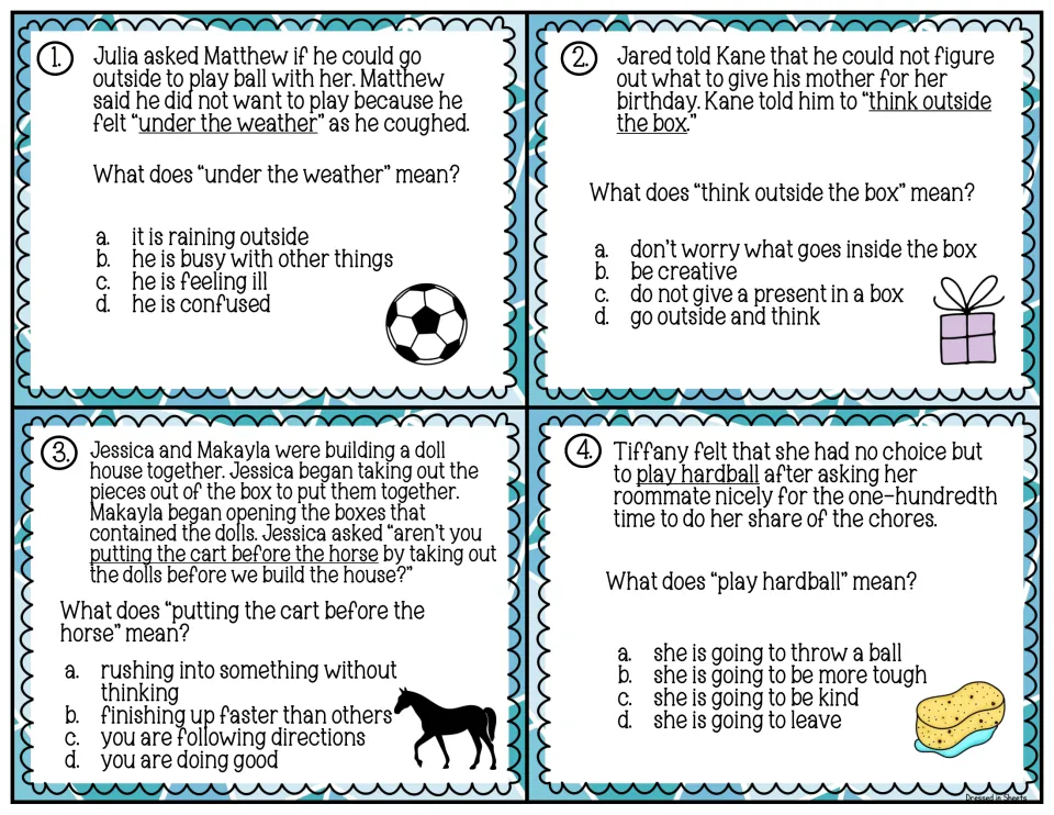 Idiom task cards 1-4: students read stories and choose the meaning of under the weather, think outside the box and more