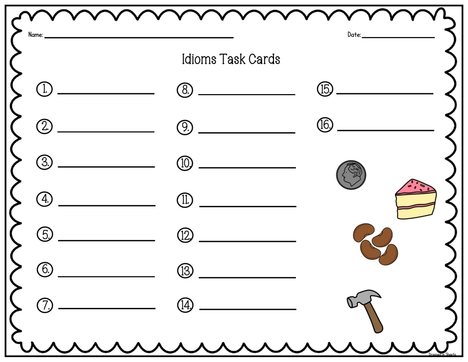 Idioms Task Cards recording sheet: students write the answer letter for each of cards 1-16, plus name and date