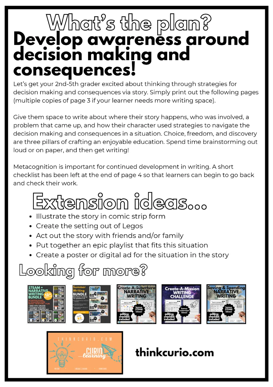 Teacher plan for a decision making and consequences story: printing tips, editing checklist note and 5 extension ideas