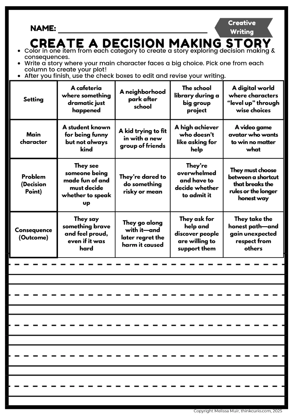 Create a decision making story: students color a setting, character, problem and consequence, then write their plot