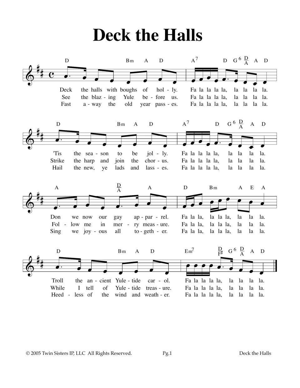 Deck the Halls lead sheet in D major: melody in 4/4 with chord symbols and three verses of lyrics to sing or play