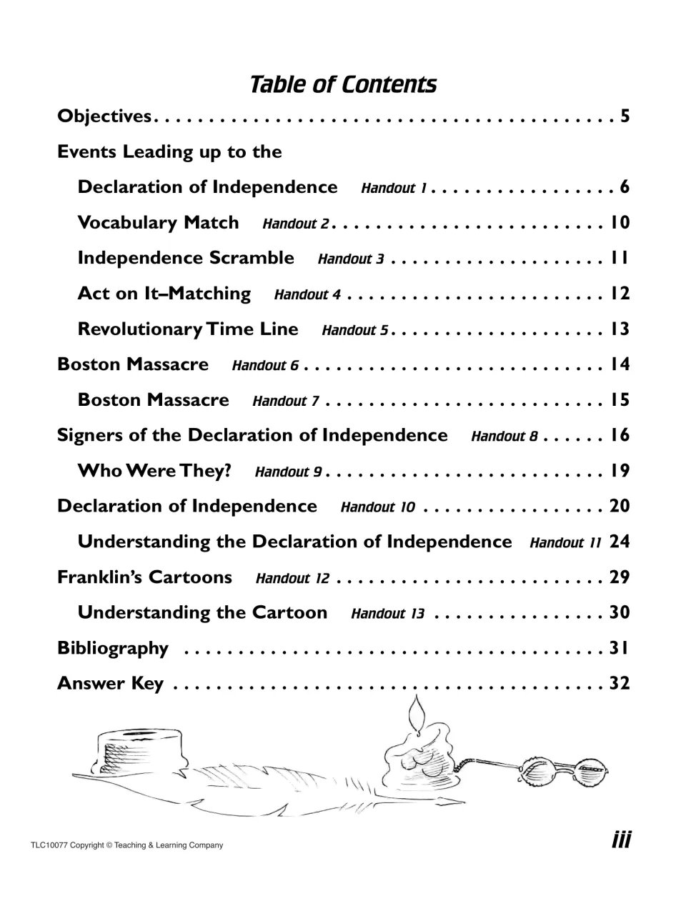 Table of contents listing 13 handouts, from a time line and Boston Massacre to signers and Franklin's cartoons