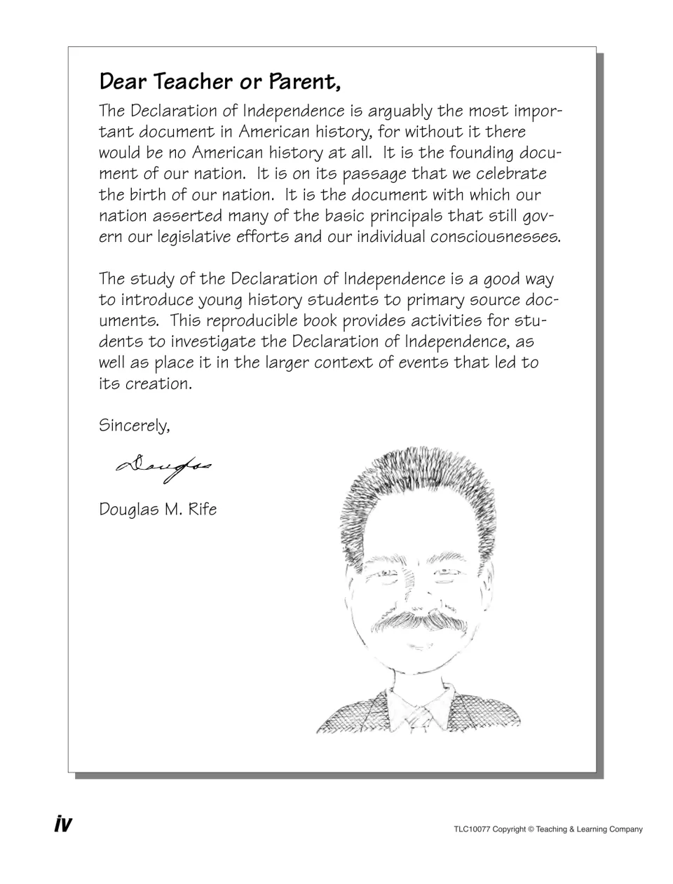 Letter from Douglas M. Rife on using the founding document to introduce students to primary sources, with a portrait