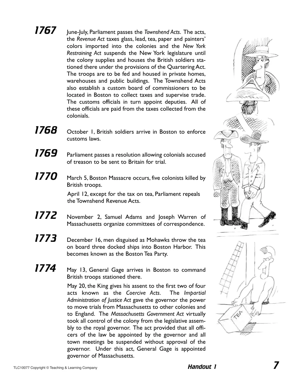 Handout 1 time line, 1767-1774: students read of the Townshend Acts, Boston Massacre, Tea Party and Coercive Acts
