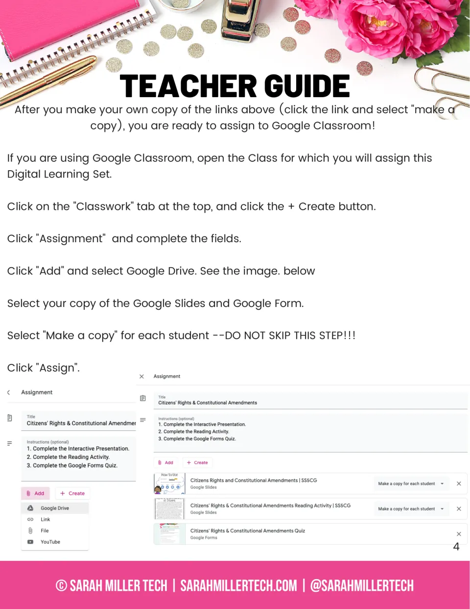 Google Classroom setup steps: open Classwork, create an assignment, attach the Slides and choose make a copy per student