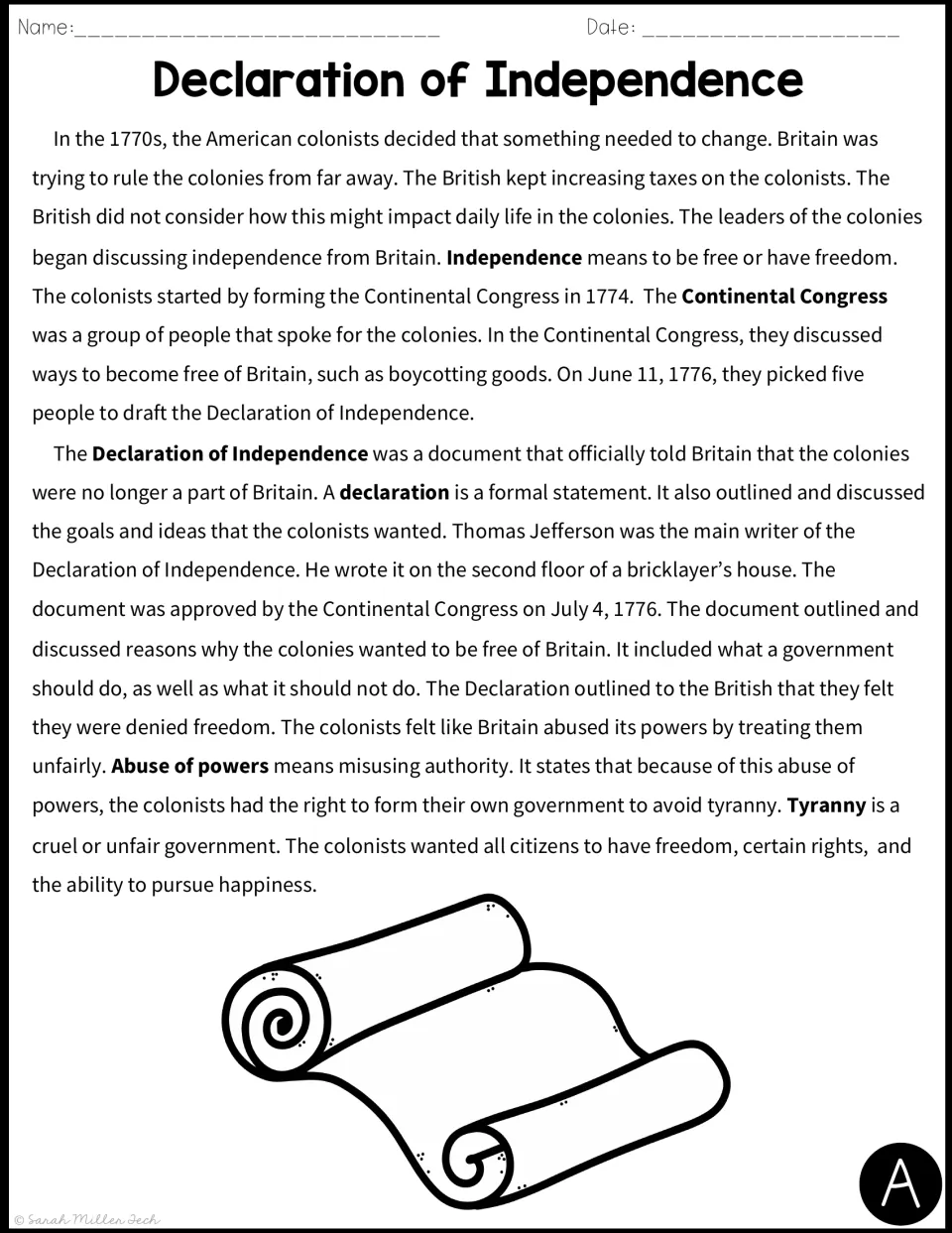 Declaration of Independence passage A: students read about the Continental Congress, Jefferson and terms like tyranny