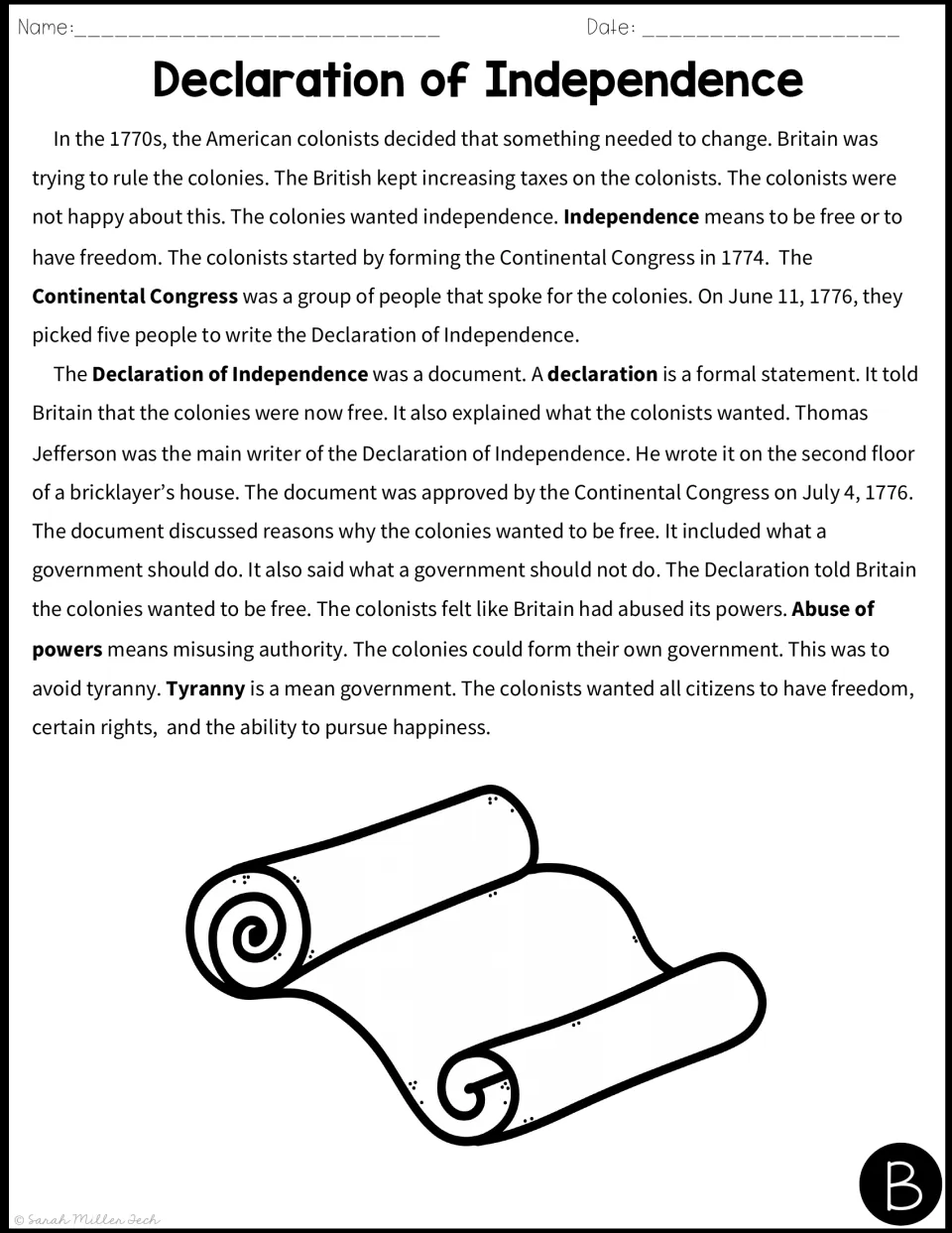 Declaration of Independence passage B: shorter sentences on colonial taxes, Jefferson's draft and July 4, 1776 approval