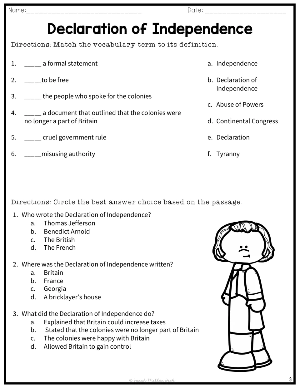 Vocabulary matching for tyranny, declaration and abuse of powers, then multiple-choice questions on who, where and what