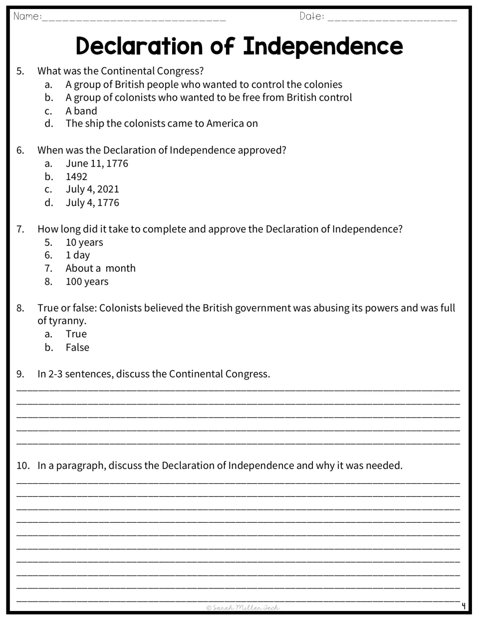 Comprehension questions 5-10: Continental Congress, approval date, true or false on tyranny, and two written responses