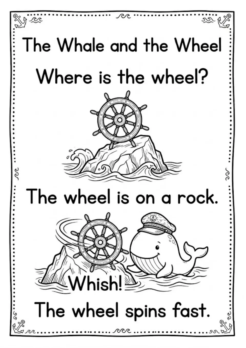 Decodable passage part 2: students read 'Where is the wheel?' and 'Whish! The wheel spins fast' with a wheel on a rock