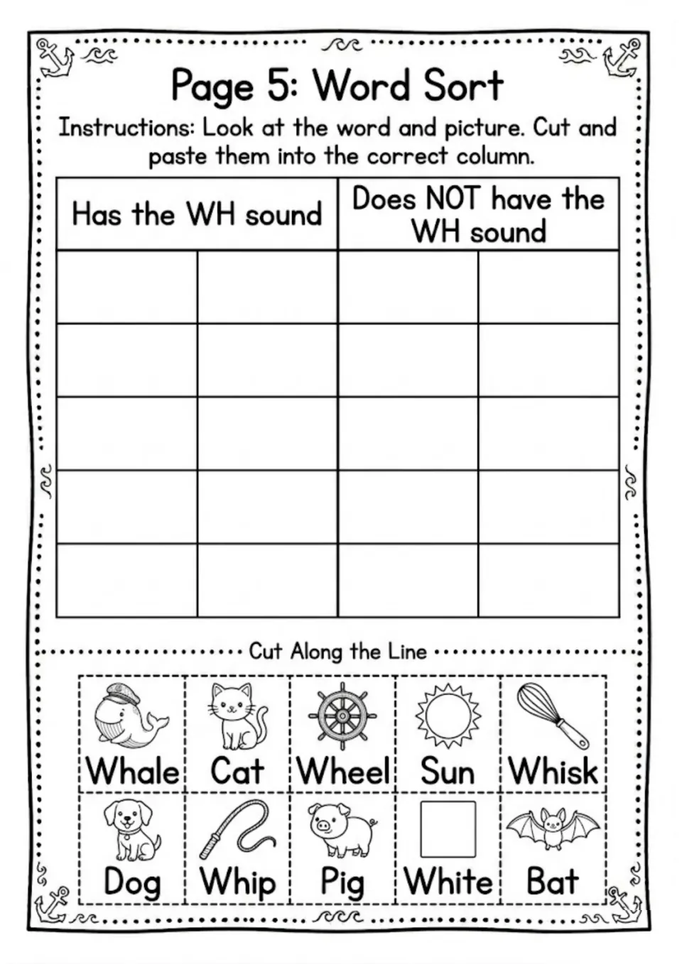 WH word sort: students cut out 10 picture-word cards such as whale, whisk and cat and paste them under WH sound or not