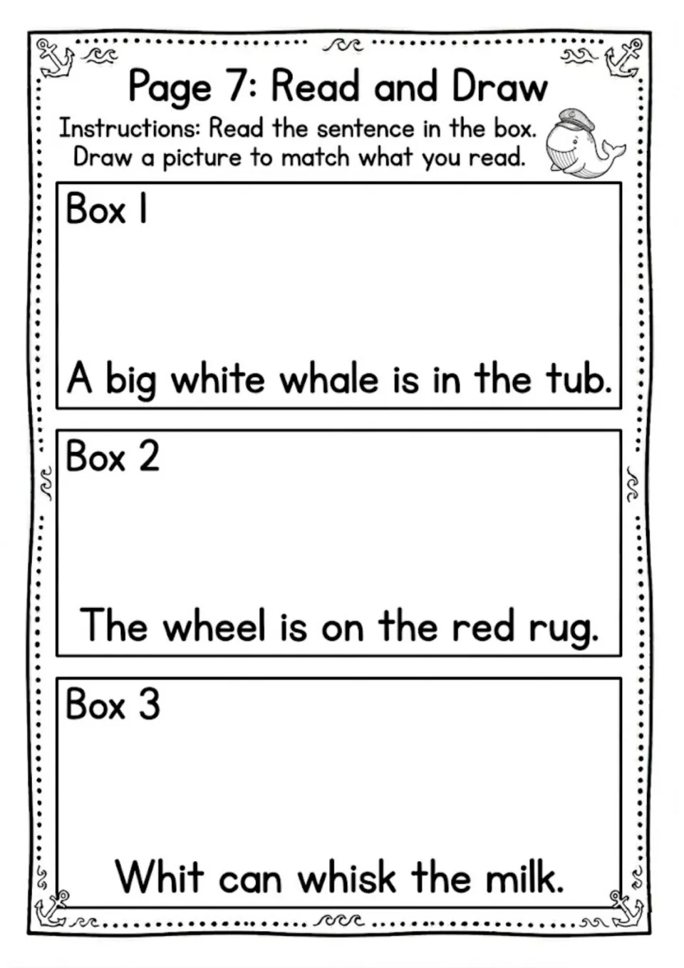 Read and draw comprehension: students read 3 WH sentences, such as 'Whit can whisk the milk', and draw a matching picture