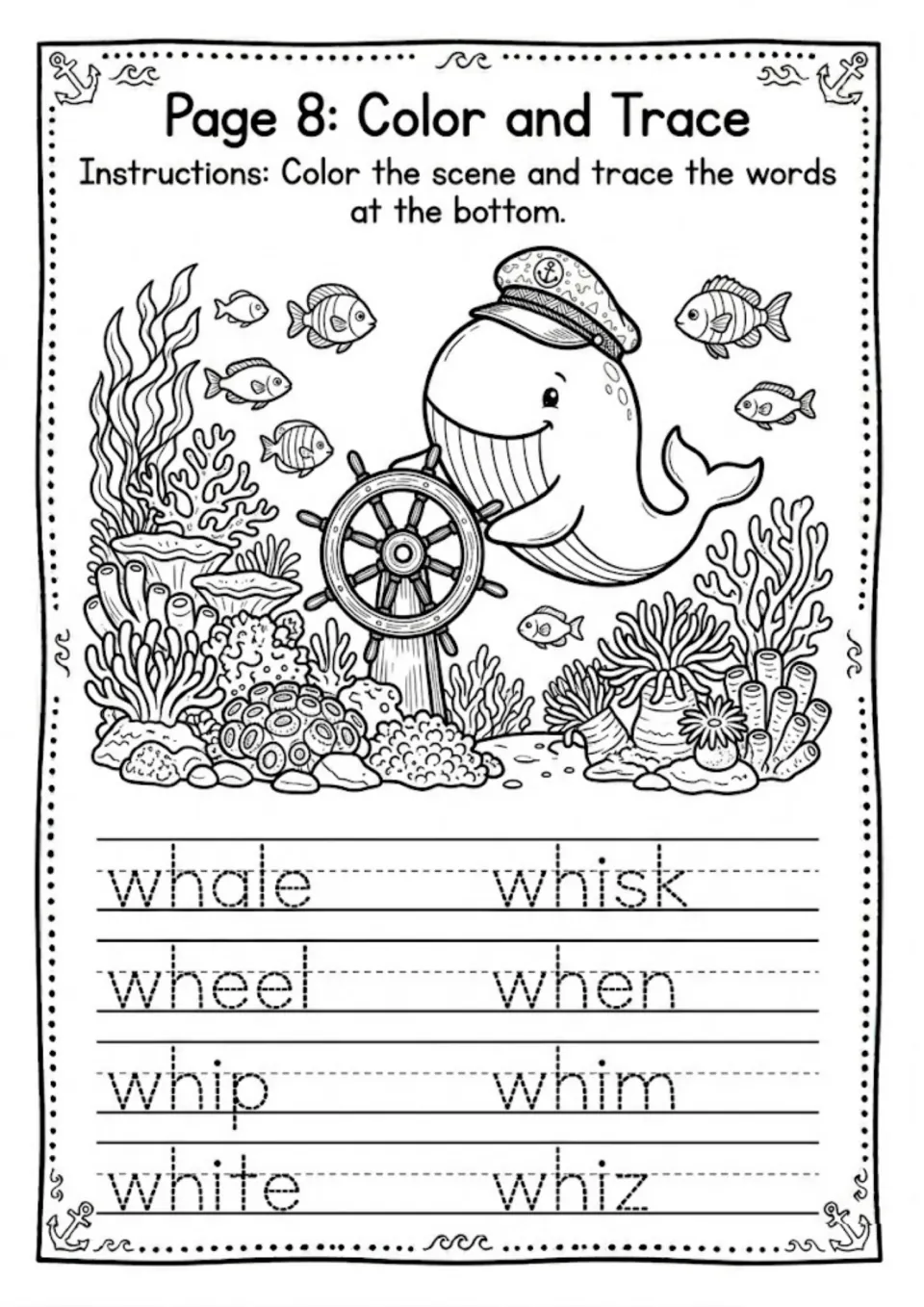 Color and trace: students color an underwater whale scene and trace 8 WH words such as whale, wheel, whip, whisk and whiz