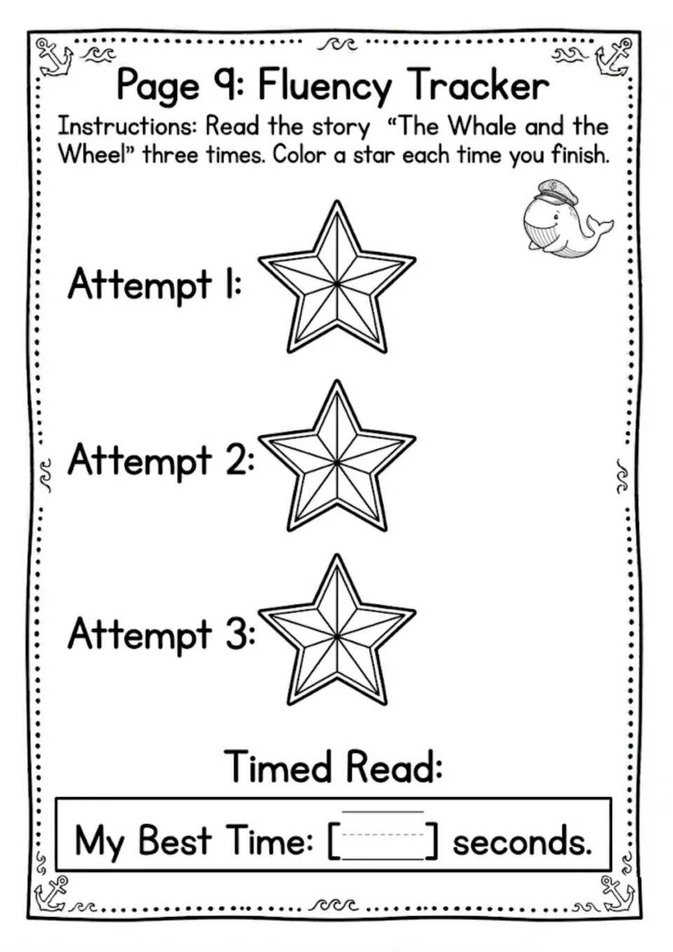 Fluency tracker: students read The Whale and the Wheel three times, coloring a star each time, and log a best time