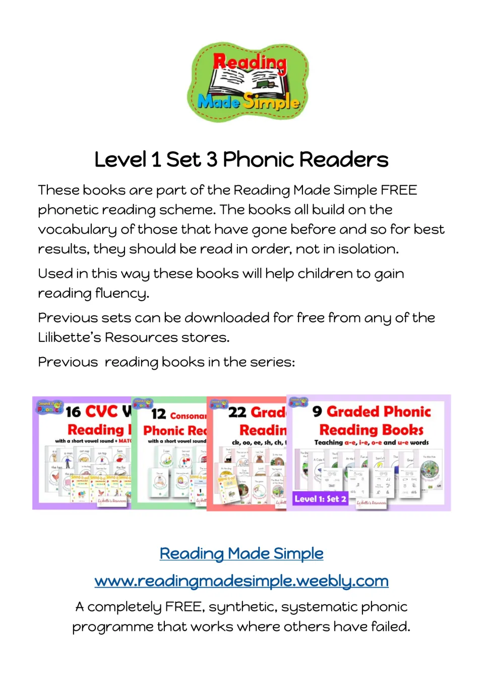 Phonics reader set introduction explaining how reading the books in sequence builds on earlier vocabulary