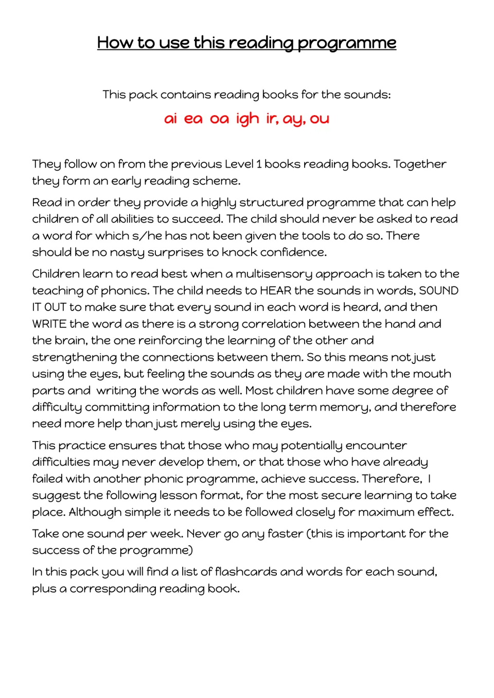 Teaching guide introduces ai, ea, oa, igh, ir, ay, and ou and recommends teaching one sound per week