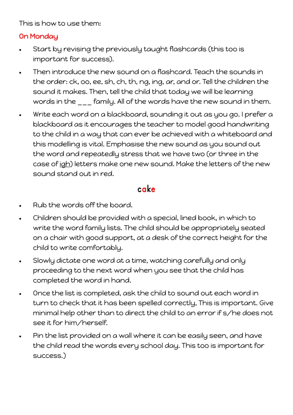 Monday lesson guide covers flashcard review, introducing a sound, modeling words, and spelling dictation