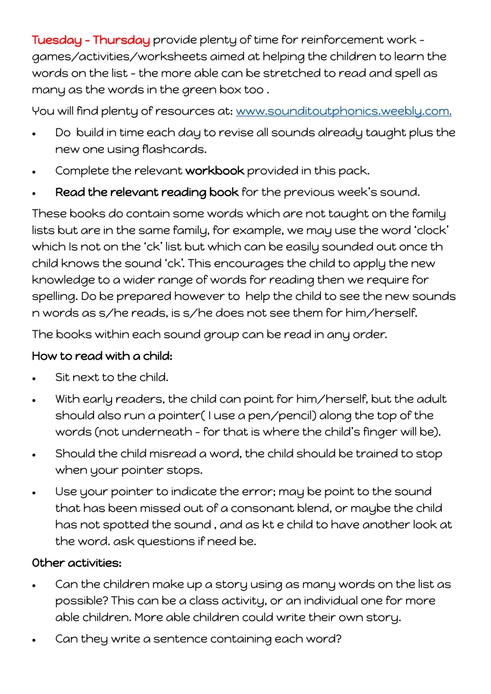 Tuesday–Thursday guide covers sound review, workbook practice, reading support, and story-writing ideas