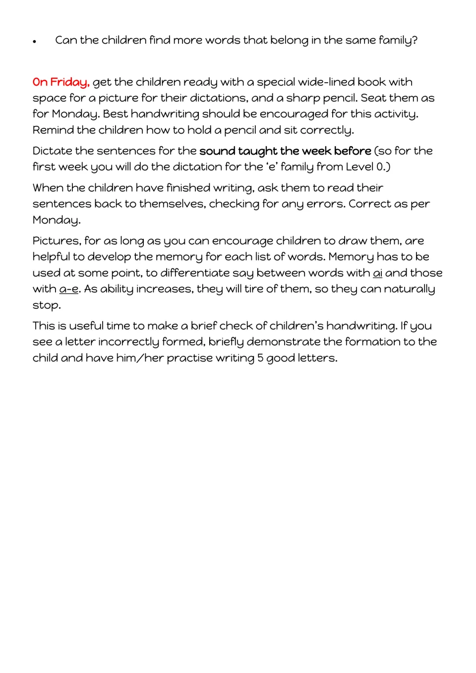 Friday lesson guide explains sentence dictation for the previous week's sound, error checks, and handwriting